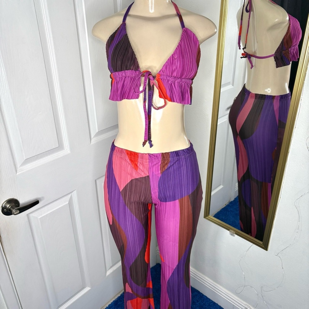 Pink Plisse Halter Top & Trousers Set